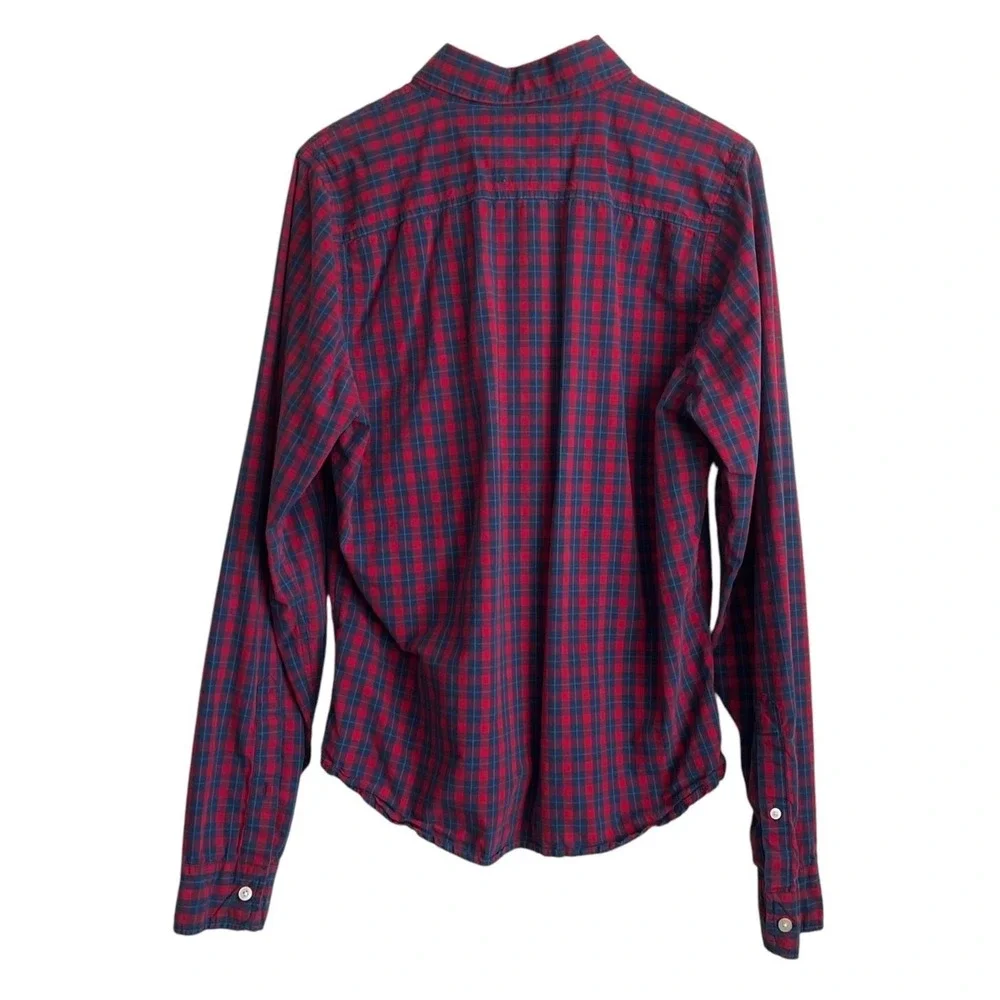 Hollister Mens Button Down Shirt XL Red Blue Plaid Cotton Long Sleeve Preppy